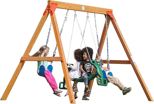Dolphin Playground DIY Swing Sets for Backyard, Wooden Playground Sets for Backyards with Glider Swing and 2 Belt Swings, Kids Outdoor Play Equipment, Outdoor Playset for Any Swing Replacements