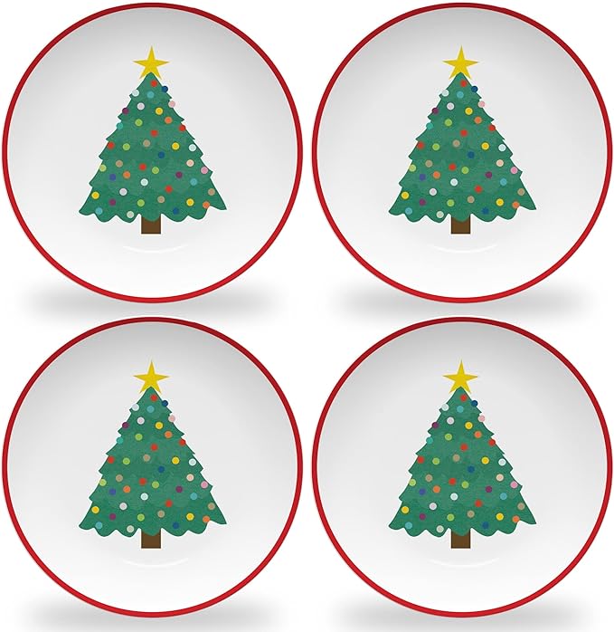 Tiny Expressions – Holiday Plates for Kids with Colorful Christmas Tree| Set of 4 Melamine Dishes for Children