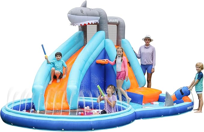 INFLATEBLE Waterslide Bounce House, Shark Blow-up Bouncer Toddlers Water Park Kids Bouncy Castle for Wet and Dry