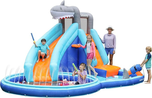 INFLATEBLE Waterslide Bounce House, Shark Blow-up Bouncer Toddlers Water Park Kids Bouncy Castle for Wet and Dry