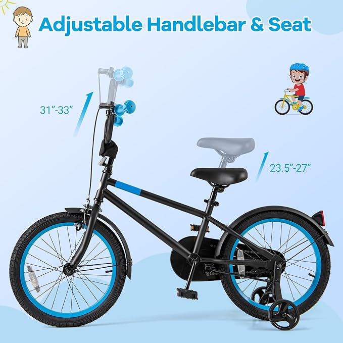 BABY JOY Colorful Macarons Kids Bike, 12 14 16 18 Inch Sporty Children's Bicycle with Training Wheels, Adjustable Handlebar & Saddle, Handbrake & Coaster Brake, Boys Girls Bike for 3-8 Years Old