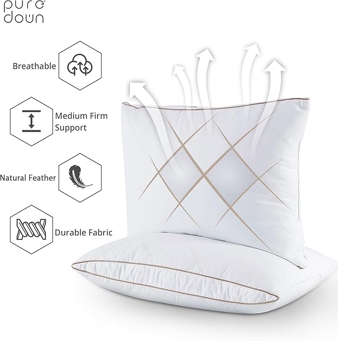 puredown® Natural Goose Down Feather Pillows for Sleeping Oval Gusseted Feather Down Pillow 100% Cotton Pillow Cover with Leaf Quilting King Set of 2