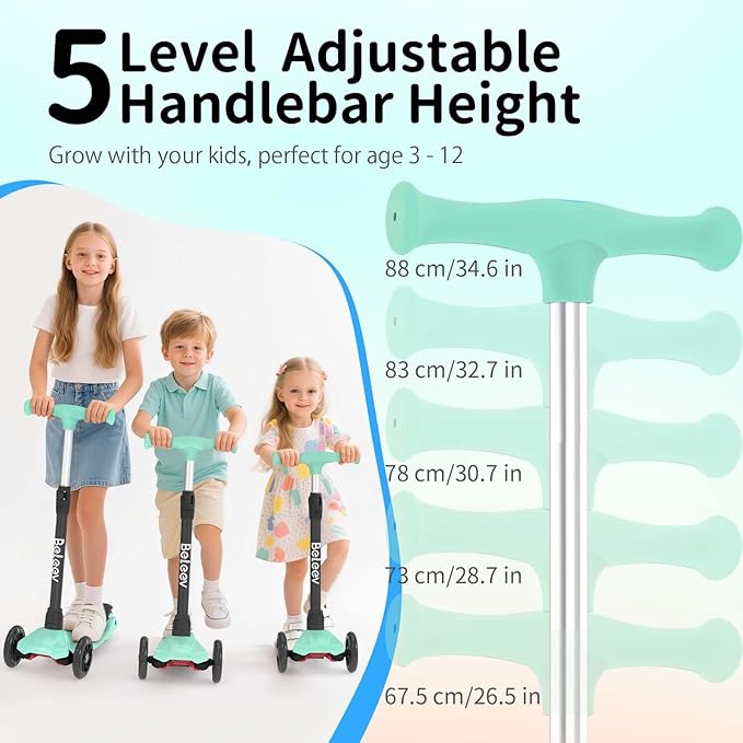 BELEEV Scooters for Kids 3 Wheel Kick Scooter for Toddlers Girls Boys, 4 Adjustable Height, Lean to Steer, Light up Wheels, Extra-Wide Deck, Easy to Assemble for Children Ages 3-12 (Rose Pink)