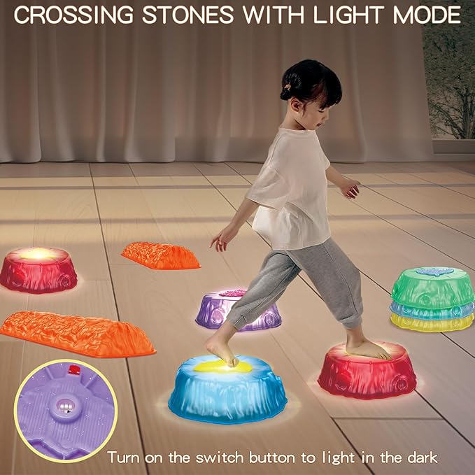 Stepping Stones for Kids, 8pcs Light Up Non-Slip Balance River Jumping Stones, Indoor & Outdoor Toys, Preschool Obstacle Course/ Sensory Fitness Equipment / Gross Motor Toys for Toddlers 3 4 5 6