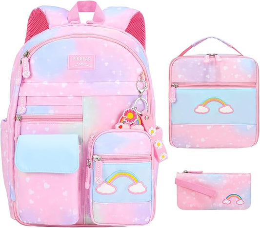 Girls Backpack Set 3 IN 1,Cute Rainbow Kids Backpack with Insulated Lunch Box Pen Case Set Student School Bag(Pink-3 pieces set)