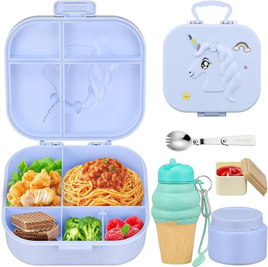 Kids Lunch Box Set -12oz Insulated Food Jar, Thermal Bag,Leakproof Lunch Food Containers Cutlery (BPA Free)-Gift for Girls/Boys Age 3-10 (Blue+Blue Jar)
