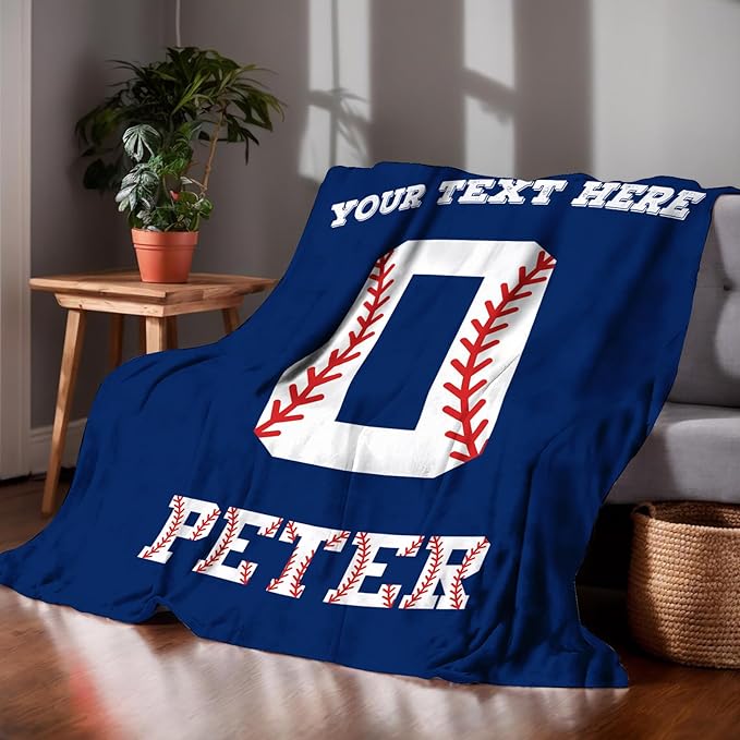 Personalized Baseball Blankets with Name Numbers, Custom Baseball Team Game Throw Flannel Blankets Stuff Gifts for Boys Sports Lover Fans Kids Adult