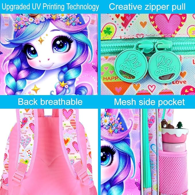 CCJPX 3Pcs Unicorn Backpack for Girls, 16” Kids Bookbag with Lunch Box, Water Resistant Elementary School Bag for Kindergarten Preschool Toddler (Pink)
