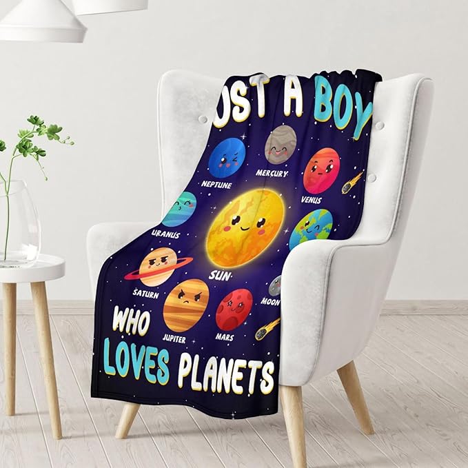 Planet Blanket Gifts - 60x50 Inches Cute Planets Throw Blanket for Kids, Boys & Men - Dark Blue Soft Fuzzy Blankets for Bed, Couch & Travel