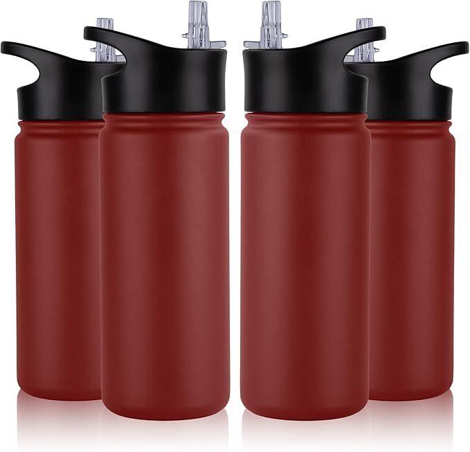 16 oz Insulated Water Bottle Bulk 4 Pack, Straw & Spout Lid, Keep Cold 24H, Spill Proof, BPA-Free, Double Wall, Stainless Steel Kids Water Bottles for School, Sports, Red