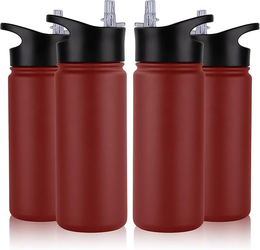 16 oz Insulated Water Bottle Bulk 4 Pack, Straw & Spout Lid, Keep Cold 24H, Spill Proof, BPA-Free, Double Wall, Stainless Steel Kids Water Bottles for School, Sports, Red
