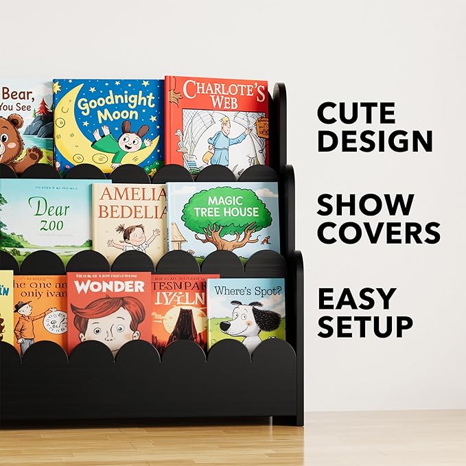 SpaceAid 3-Tier Scalloped Bookshelf, Montessori Bookcase for Toddlers, Wooden Book Shelf Organizer Display Furniture for Kids Rooms, Playroom, Nursery and Classroom, Black