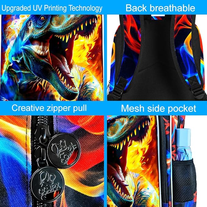 17" Dinosaur Backpack for Boy, 3Pcs Fire Bookbag for Elementary Preschool Kindergarten, Kids School Backpacks with Lunch Box (Red)