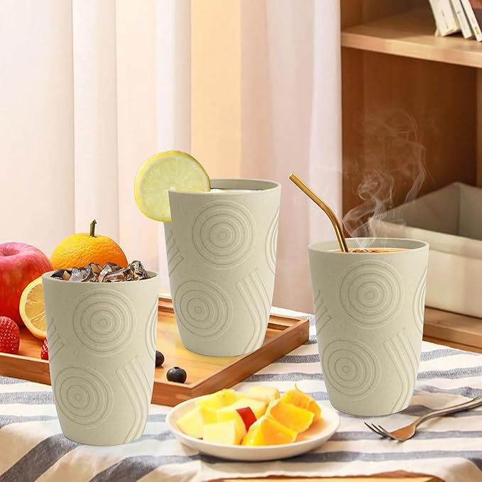 Wheat Straw Cups 6 PCS - 16 OZ Cup Set, Unbreakable Drinking Glasses, Kids Cup Set for Kitchen, Alternative to Plastic Cups Reusable Dishwasher Safe Water Tumbler (Beige)