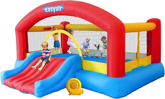 Inflatable Bounce House for Kids, 14.3 x 12.5 FT Bouncy Castle Jumper Slide with 520W Blower, Basketball Hoop, Throwing Ball Game, Ball Pits, Red