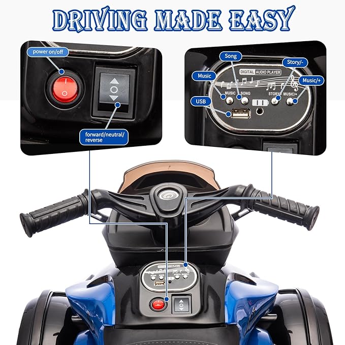 Xinyonxin 12V Kids Electric ATV, 3-Wheeler Motorcycle Ride on Toys for Toddlers w/Music, LED Lights, USB, One-Button Start, Forward/Reverse, Electric All-Terrain Car, Gift for Age 3+ (Blue)