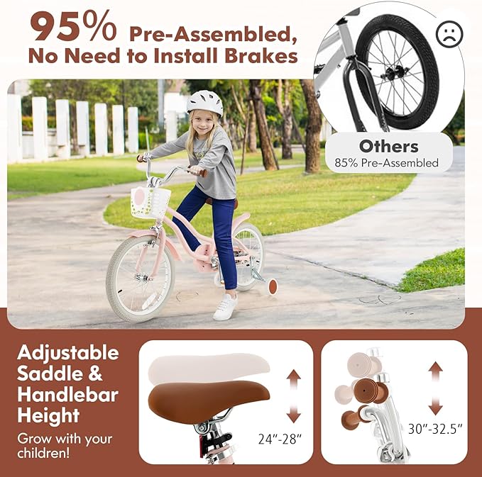 COSTWAY Kids Bike, 12 14 16 18 Inch Toddler Bike Children Bicycle w/Training Wheels, Hand & Coaster Brakes, Adjustable Saddle & Handlebar, Basket, Bell, Kids Bicycle for Girls Boys Aged 3-8 Years Old