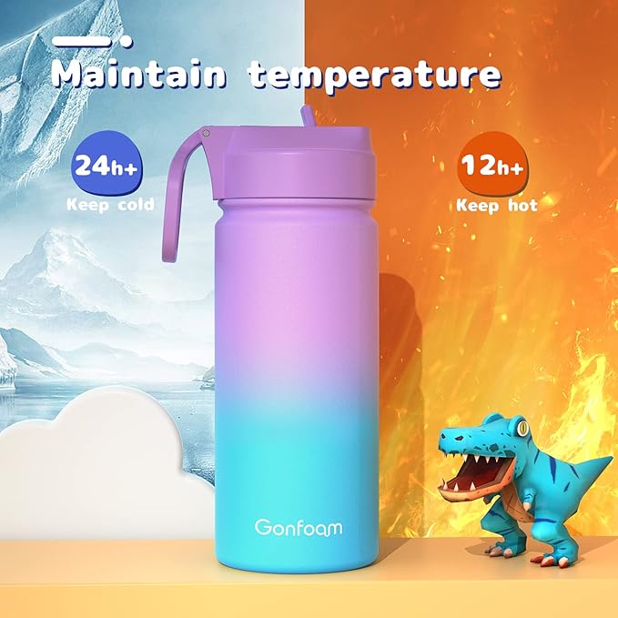 16oz Water Bottles with Straw and Stickers, Stainless Steel Vacuum Double Wall Insulated cup, Kids Water Bottle for School, Gifts for Girls(Purple and Blue)