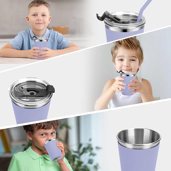 Kids Cups with Straws and Lids Leak Proof, 12oz Sippy Cups for Toddlers 1-3 No Spill, Spill Proof Cup Stainless Steel Kids Cup with Lids for School, Outdoor, 6 Pack