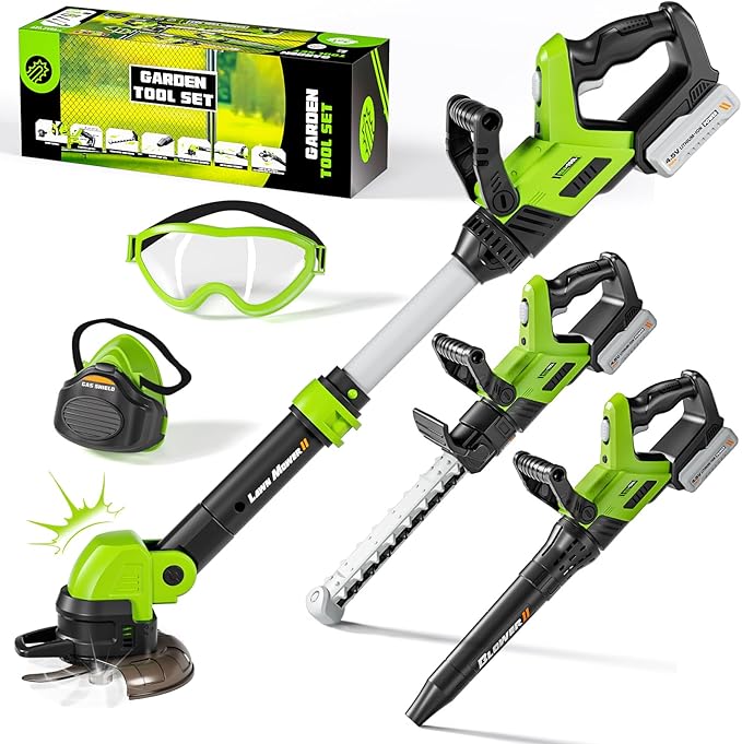 Kids Tool Set, 3-IN-1 Toddler Power Garden Tools with Sounds & Lights, Volume+/-, Toy Weed Wacker, Leaf Blower & Hedge Trimmer, Outdoor Play Toy Tools, Christmas Birthday Gifts for Boys 3 4 5 6 7 8+