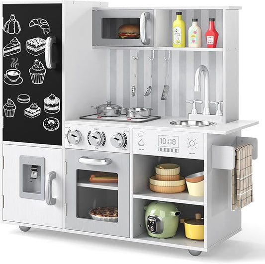 HONEY JOY Kids Kitchen Playset, Wooden Little Chef Pretend Play Kitchen Set w/Chalkboard & Water Dispenser, Lighted Stove, Storage Cabinet, Utensils, Play Kitchen for Toddlers, White + Silver