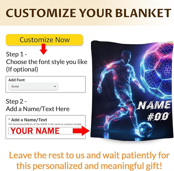 Custom Soccer Blanket, Soccer Gifts, Kids Blanket for Boys with Name, 60 x 50 Inches Soft Throw Blanket for Men Adults, for Soccer Lovers, Warm Throw Blanket for Living Room, Bed, Sofa, Office
