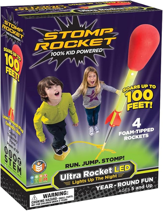 Stomp Rocket Ultra LED Rocket Launcher for Kids, 4 LED Foam Tipped Rockets - Fun Backyard & Outdoor Kids Toys Gifts for Boys & Girls - Toy Foam Blaster Set - Multi-Player Adjustable Launch Stand