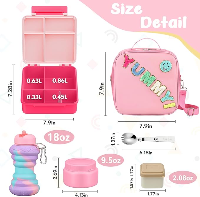 Bento Lunch Box with 10oz Soup Thermo for Kids Insulated Lunch Bag & Foldable Silicone Cup Food Leak Proof Food Container with 5 Compartment for Kid to Shool Travel