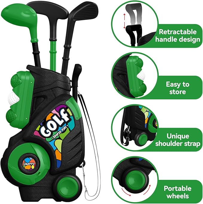Liberry Toddler Golf Set for Age 2 3 4 5 Boys Girls, Upgraded Kids Golf Cart with Putting Mat & Cornhole Board, Outdoor Indoor Sports Toys for Birthday, Black