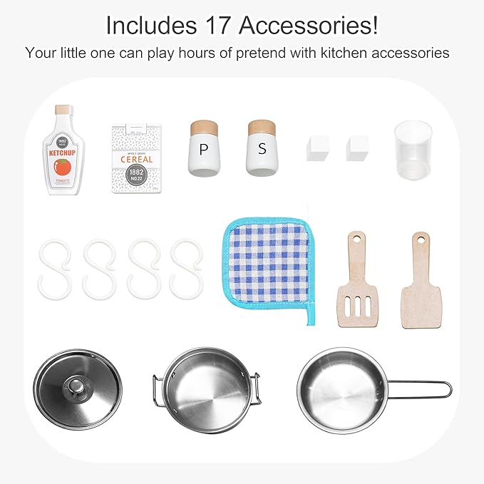 Wooden Play Kitchen for Kids with Ice Maker & 17 Accessories, Toddler Toy Kitchen with Sink, Oven, Stovetop, Microwave, Educational Kitchen Playset Gift for Toddlers Boys Girls Ages 3 to 8