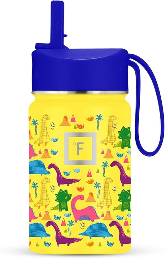 IRON °FLASK Kids Water Bottle - Straw Lid, 20 Name Stickers, Vacuum Insulated Stainless Steel, Double Walled Tumbler Travel Cup, Mug - Dino Mates, 10 Oz