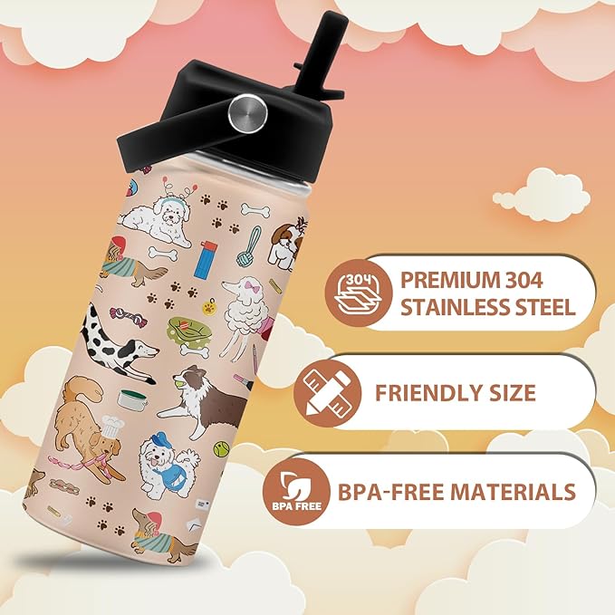Dog Lovers Gifts, 16 oz Water Bottle with Straw Lid, Stainless Steel Insulated Tumbler, Cute Puppy Water Bottles, Dogs Cup Gifts