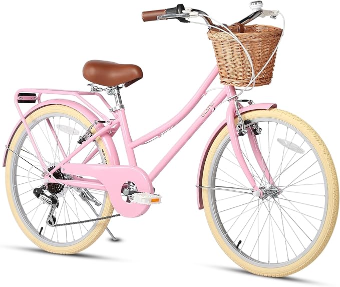 Glerc 20 24 26 Inch Beach Cruiser Bike, 6-Speed Hybrid City Bicycle for Girls Youth and Over 6 Years Old, Missy Bike with Wicker Basket & Lightweight, Multiple Colors
