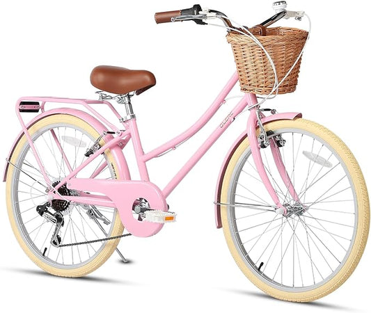 Glerc 20 24 26 Inch Beach Cruiser Bike, 6-Speed Hybrid City Bicycle for Girls Youth and Over 6 Years Old, Missy Bike with Wicker Basket & Lightweight, Multiple Colors