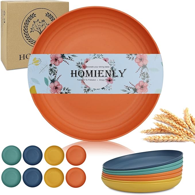 Homienly Wheat Straw Dinner Plates Set of 8 - Alternative to Plastic, Microwave & Dishwasher Safe, Unbreakable Kids Plates with 4 Colors (Colorful, 8 inch)