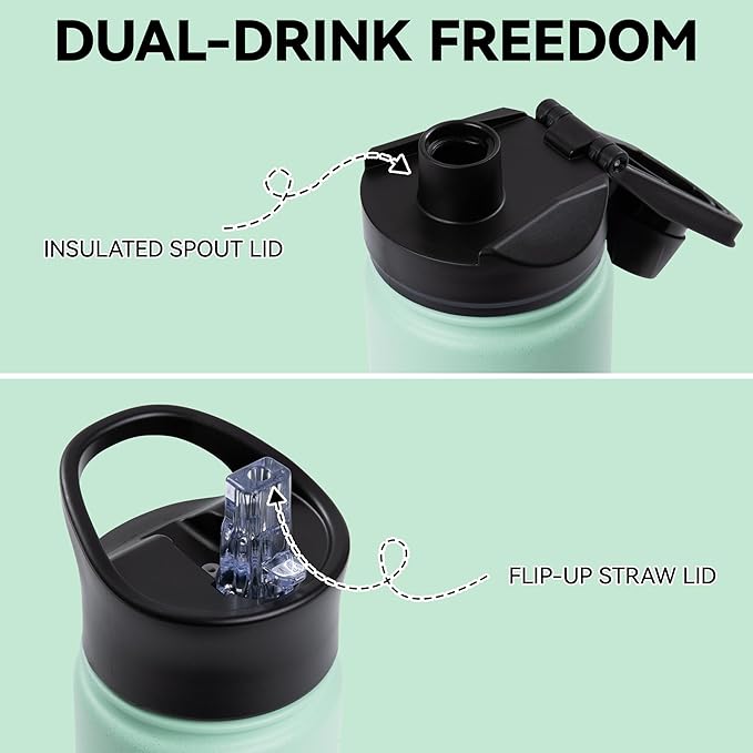 16 oz Insulated Water Bottle for School, Straw & Spout Lid, Keep Cold 24H, Spill Proof, BPA-Free, Double Wall Stainless Steel Kids Water Bottles for Sports, Gym, Travel, Green Gradient