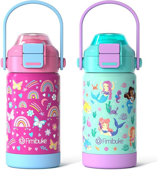 Fimibuke Kids Insulated Water Bottle with Pop-Open Straw & Spout 2-in-1 Lid, 14oz Leak Proof 18/8 Stainless Steel Vacuum Tumbler, BPA-Free Kids Cup For Travel School Girls Boys Toddler 2Packs