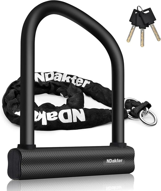 NDakter Bike Locks Heavy Duty Anti Theft 18mm Thick, Motorcycle U Lock with 4FT x 6mm Moped Chain, 3Keys Large U-Shape Electric Bicycle Wheel Lock for Ebike, Escooter, Fat-Tire Dirt-Bike, Tricycle