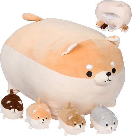 PixieCrush Stuffed Dog Toy - Cute Plushies Shiba Inu Mommy with 4 Puppies - Adorable Plush Pillow for Imaginative Play - Puppy Surprise Soft Animal Toy Set for Girls - Stuffed Animals for Ages 3-8