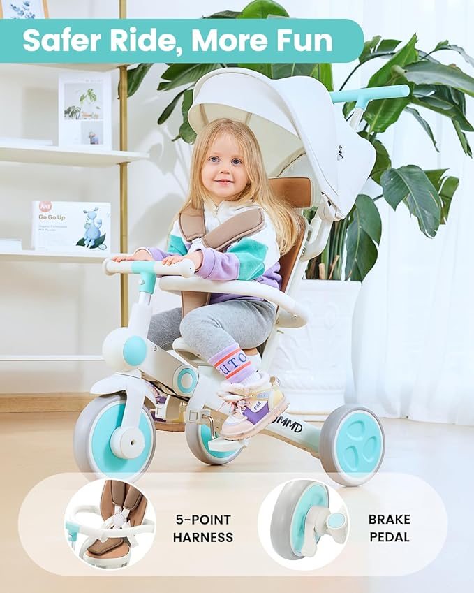 JMMD Baby Tricycle, 7-in-1 Multifunctional Kids Trike with Adjustable Parent Handle, Safety Harness & Wheel Brakes, Removable Canopy, Stroll Trike for Boys & Girls Ages 18 Months-5 Years, Mint