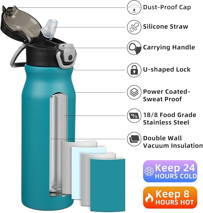 BJPKPK Stainless Steel Insulated Water Bottle with Straw Lid 25oz Reusable Metal Thermal Flask Bottles Keep Cold and Hot,Laguna