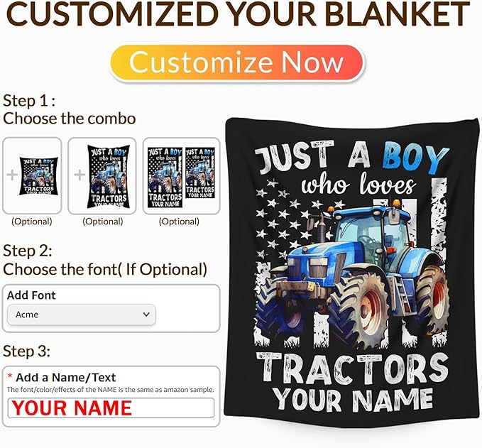 Personalized Tractor Blanket for Boys, Cute Farm Trucks Throw Blanket Gifts for Kids Teens Truck Lovers, 50x60 Inches Custom Name Black Soft Flannel Car Blankets for Couch