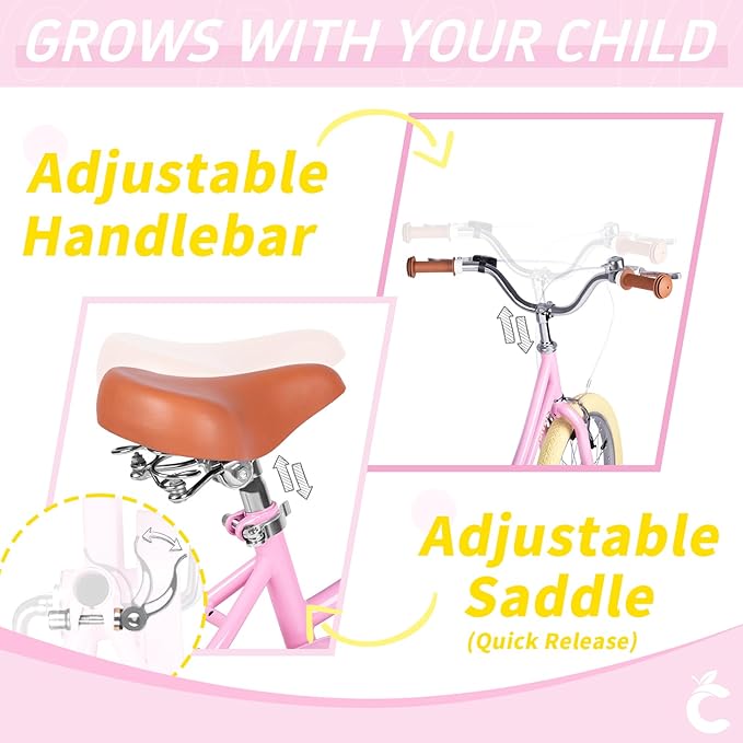 Girls Bike for Age 2-12 Years Old Kids Toddlers 12 14 16 18 20 Inches Retro Bicycles with Training Wheels Basket Bell Ring, Multiple Colors