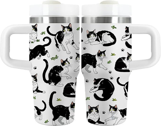 Cat Gifts for Kids - 14oz Cute Cow Cat Tumbler with Handle and Straw, Stainless Steel Insulated Water Cup, Leak Proof, for Sport, School, Travel - Cow Cats Lovers Children Birthday Gifts Cups(1pc)