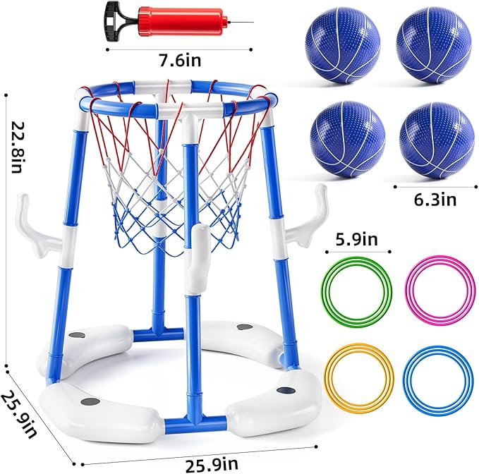 Swimming Pool Basketball Hoop Toy for Kids 2 3 4 5 6 Years Old - Floating Pool Basketball Game Toys with 4 Balls Air-Pump, Outdoor Play, Poolside Summer Water for Boys Girls Age 4-8-12(Blue)