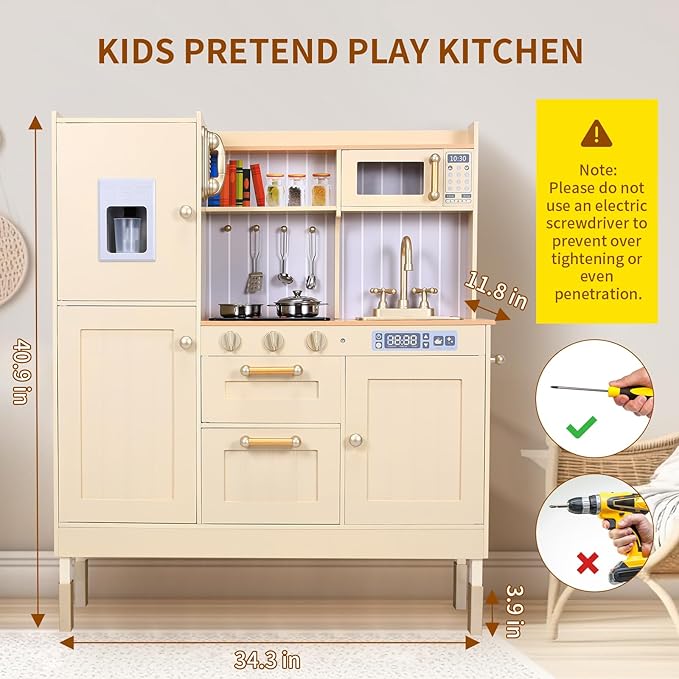 Arlopu Play Kitchen for Kids, Wooden Toy Toddler Kitchen Sets, Pretend Cooking Playset with Storage & Accessories, Realistic Light & Sound, Stove, Fridge, Microwave, Removable Sink (Beige)
