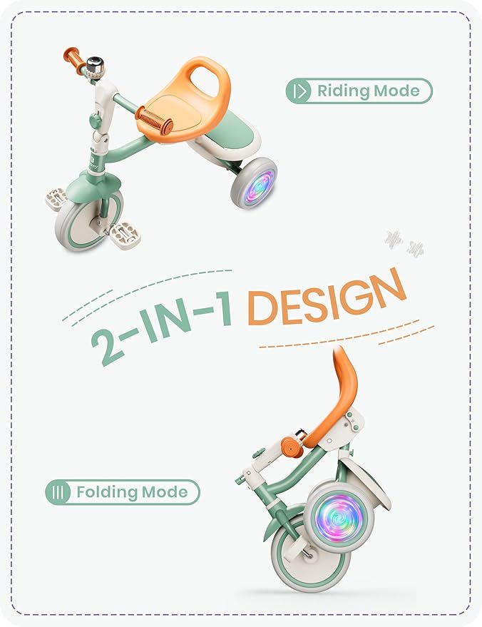 besrey Kids Tricycle with Flash Wheels for Ages 18 Months to 5 Years, Toddler Tricycle with Bell, Kids Tricycle, Gift for 2-5 Year Olds, Gift and Toy for Boys and Girls, Tricycle for Toddlers, Green