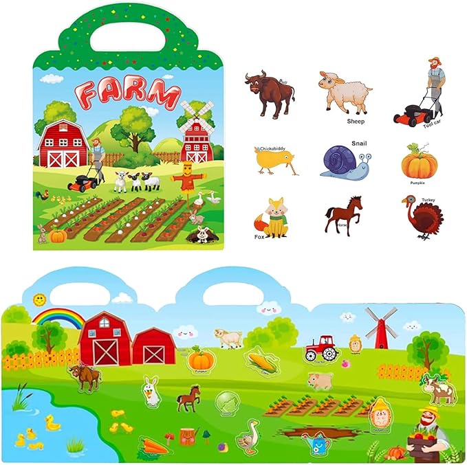 Reusable Sticker Books for Kids, Travel Removable Toddler Farm Sticker Books for 3 4 5 Year Old Girls Boys Birthday Gifts Educational Learning Toys