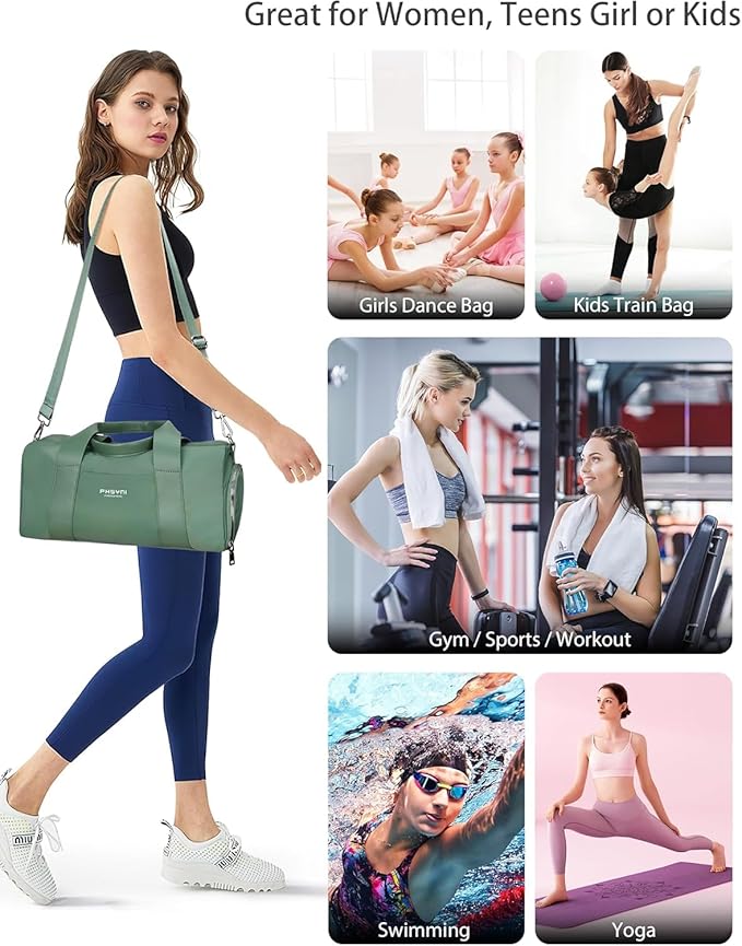 Compact Sports Gym Bag for Women, Cute Mini Duffle Bag with Wet Pocket & Shoes Compartment, Personal Item Travel Workout Bag, 16"-Small, Green