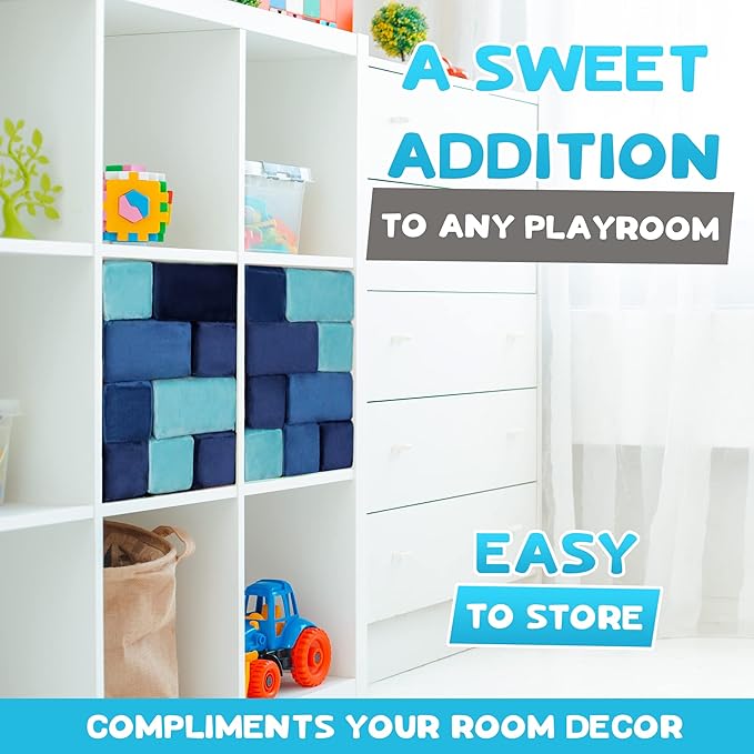 The Original Premium Plush Building Block for Kids - Certified Safe Foam Blocks in Luxuriously Soft Fabric Covers - Set of 24 (Ocean)